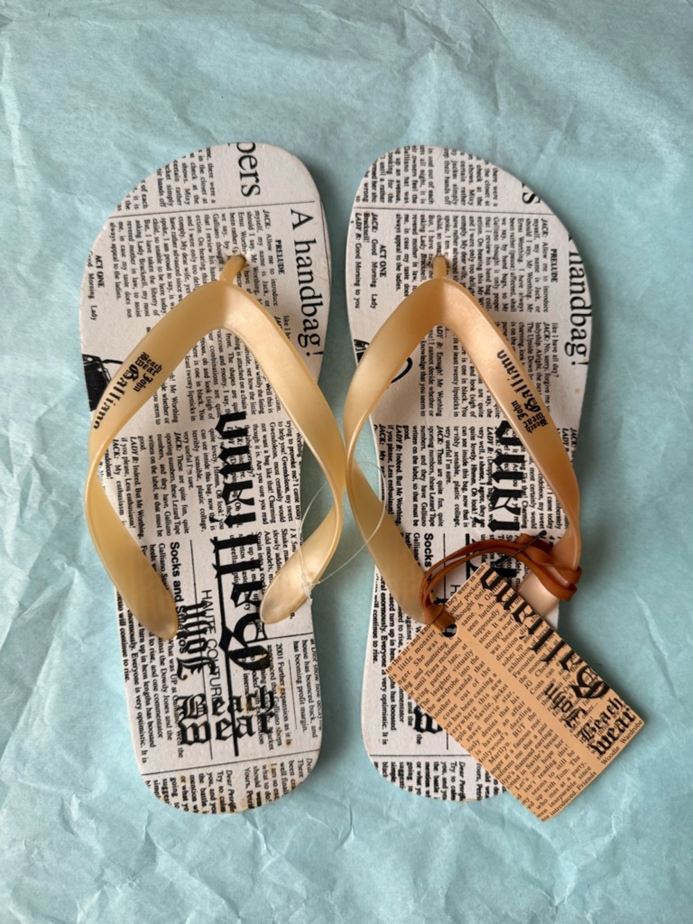 John Galliano White and Black Newspaper Print Flip Flops